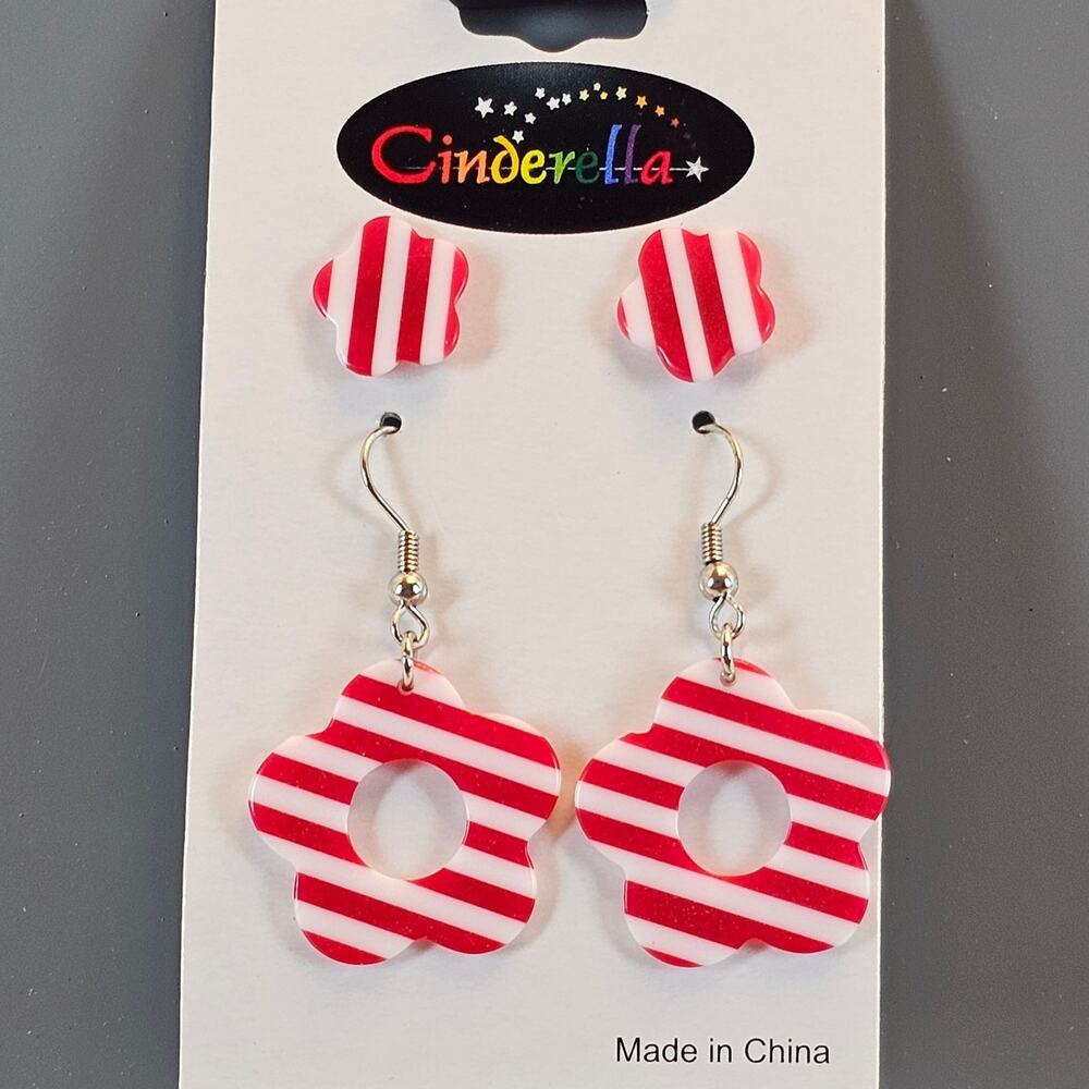 Cinderella Pink White Striped Flower Earrings Set Stud & Dangle Earrings New